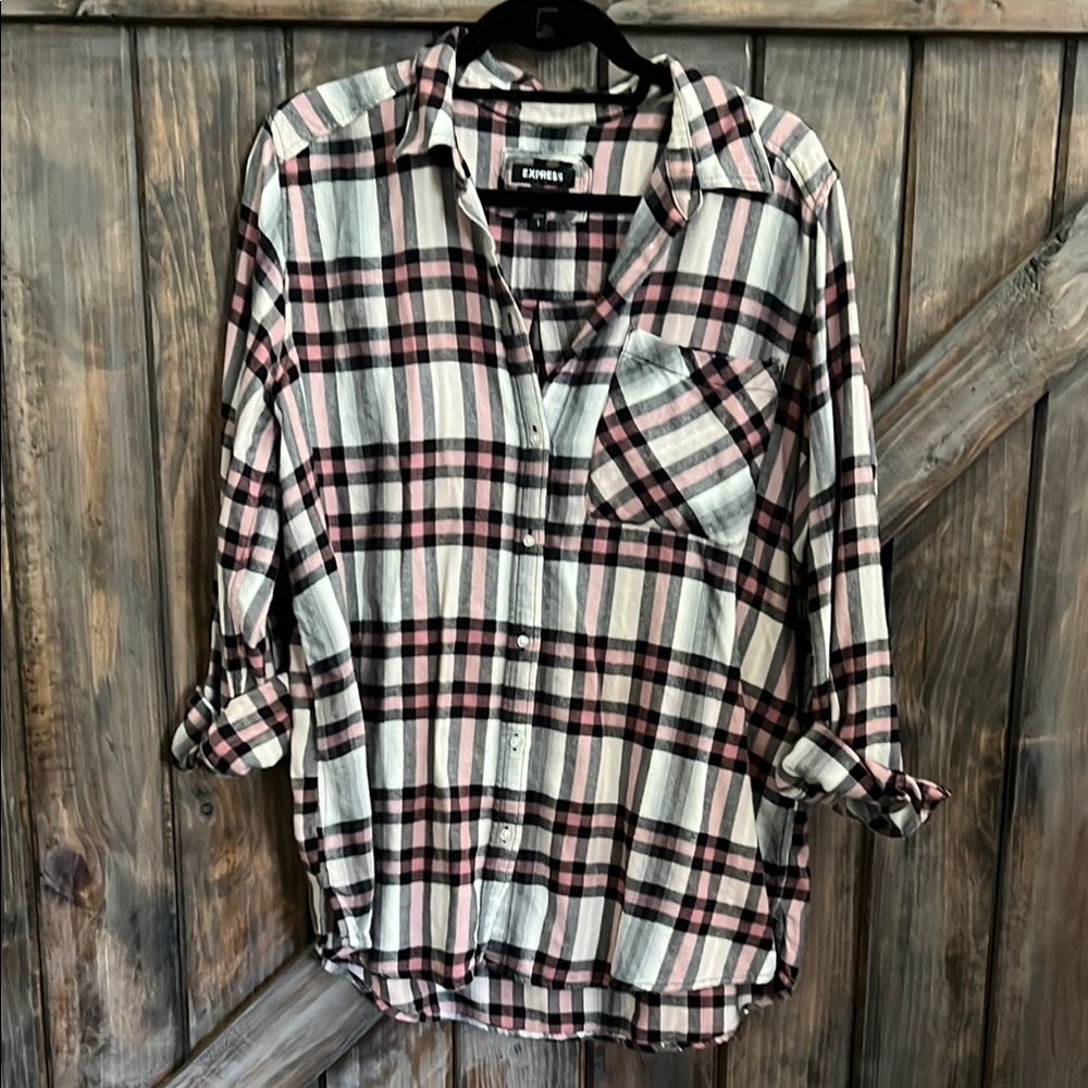 Express Black and Pink Plaid Shirt
